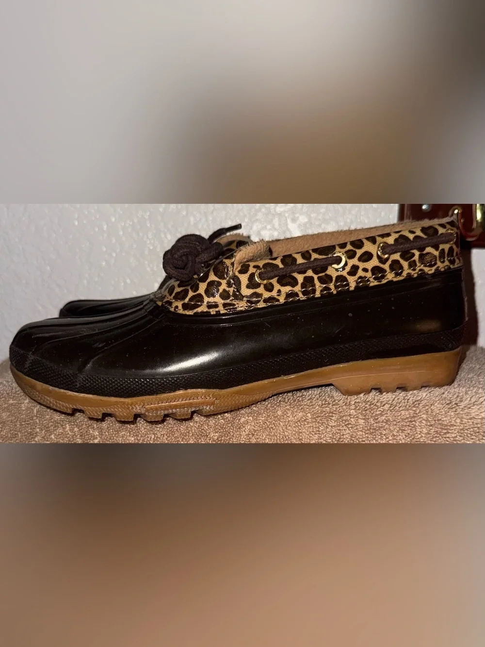 Sperry Black Duck Boots with Leopard Trim and Brown Sole